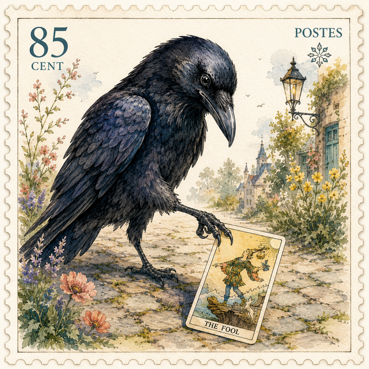 Illustrated postage stamp with the raven Professor and The Fool tarot card