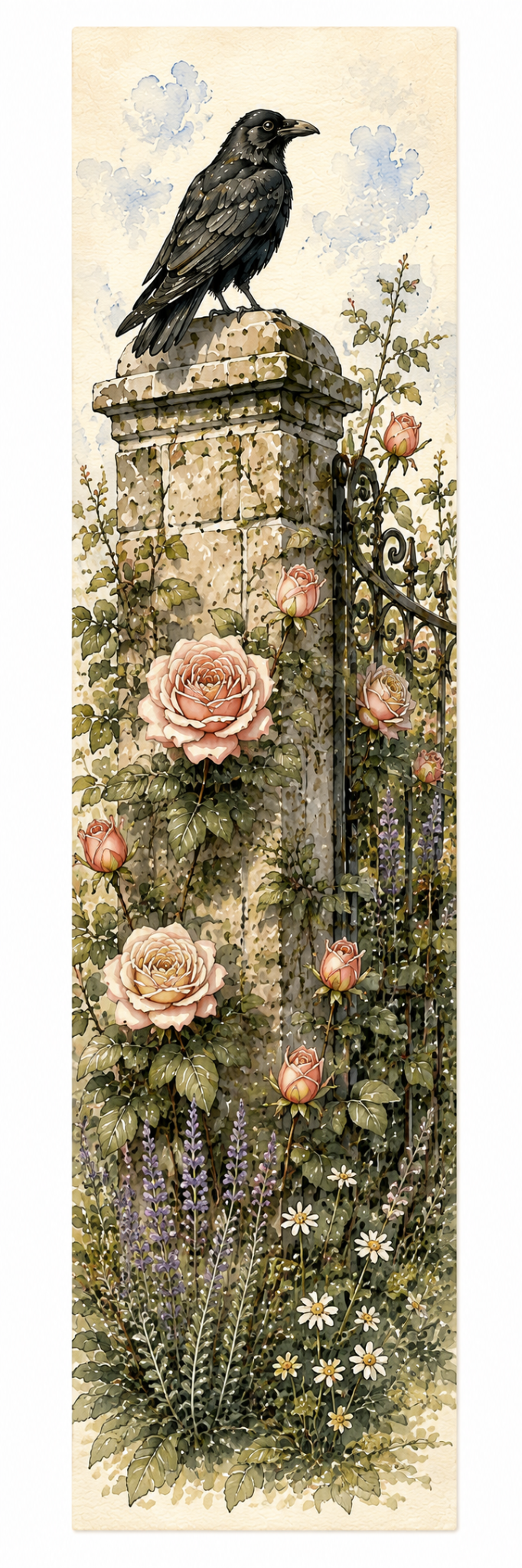 Long illustrated bookmark with a raven at a rose-covered garden gate