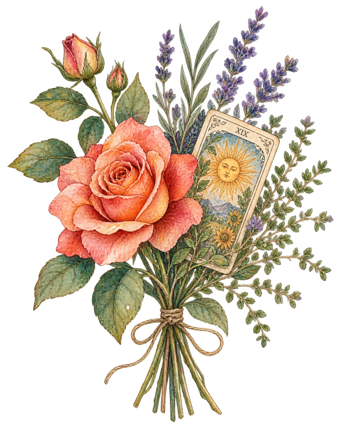 Botanical bouquet with roses, lavender and The Sun tarot card