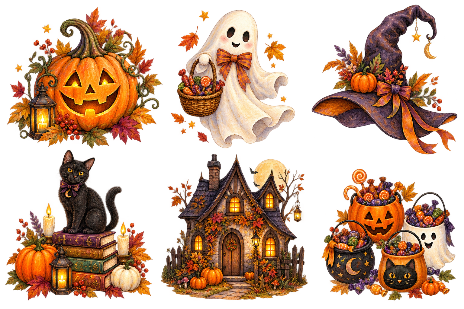 Six illustrated Moonberry Halloween motifs with pumpkins, ghosts, cats and a small cottage