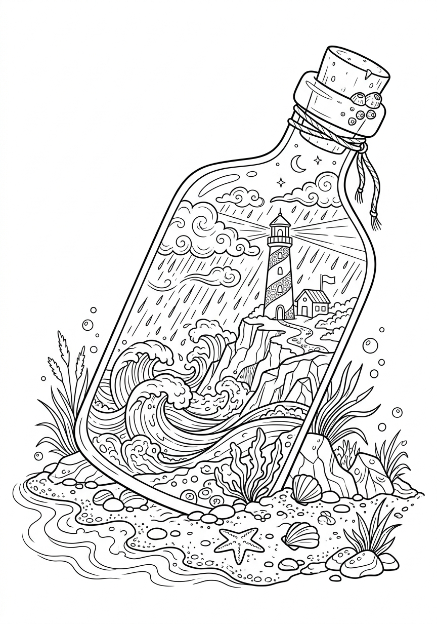 Black and white coloring page of a lighthouse and waves inside a glass bottle