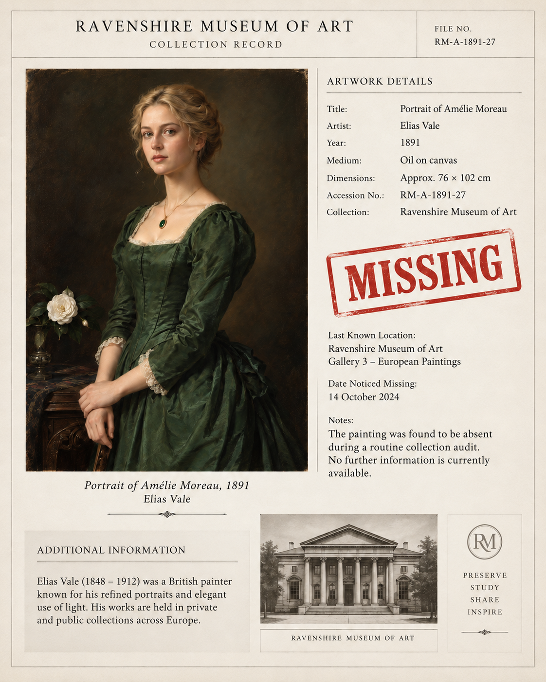 Ravenshire Museum case file for a missing historical portrait