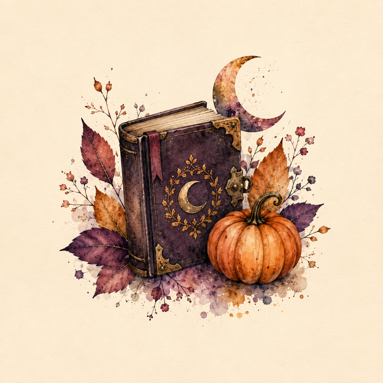 Decorative autumn illustration with a violet book, pumpkin, leaves and crescent moon